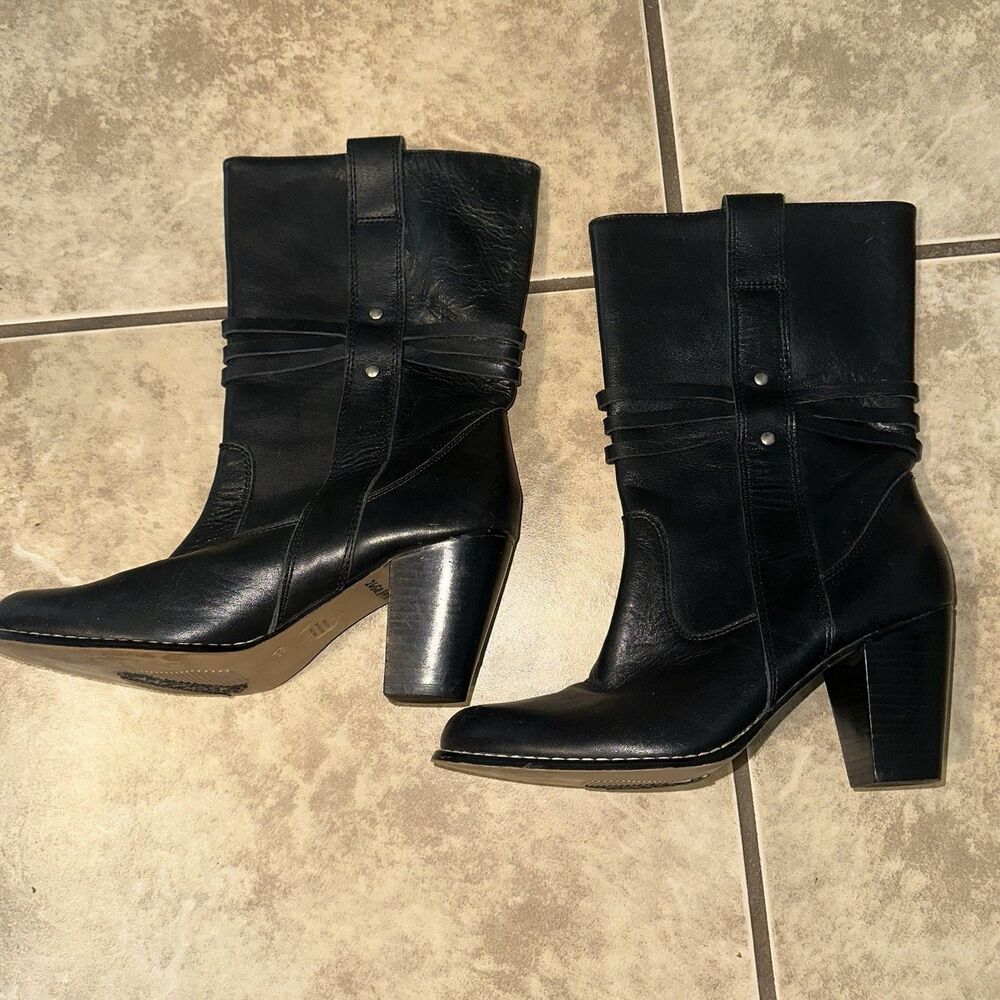 Seychelles Black Leather Ankle Boots Heeled Strappy Western Mid Calf Size 6.5